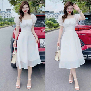 Đầm váy nữ voan trắng dáng xòe tiểu thư sang chảnh thanh lịch quý phái tôn dáng cực xinh khi dự tiệc đi chơi đi biển