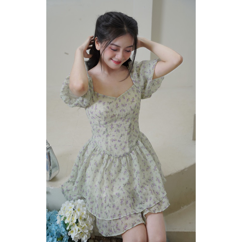 Váy đầm nữ hoa nhí cổ vuông tay bồng CHEERY DRESS đầm váy nữ thiết kế tiểu thư eo bản to tôn dáng cobe.official