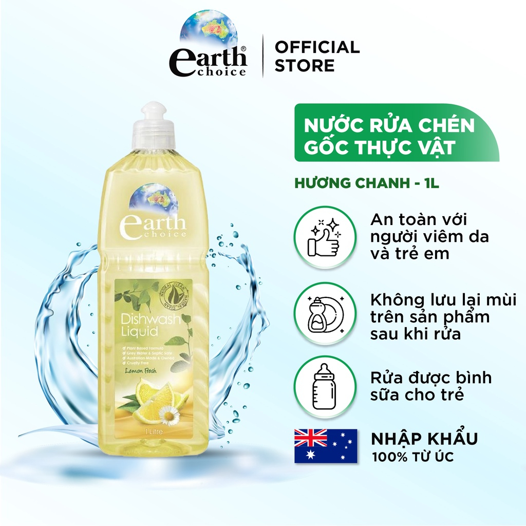 Nước Rửa Chén EARTH CHOICE An Toàn Cho Bé Không Khô Da Tay Chiết Xuất Chanh Dung Tích 1L
