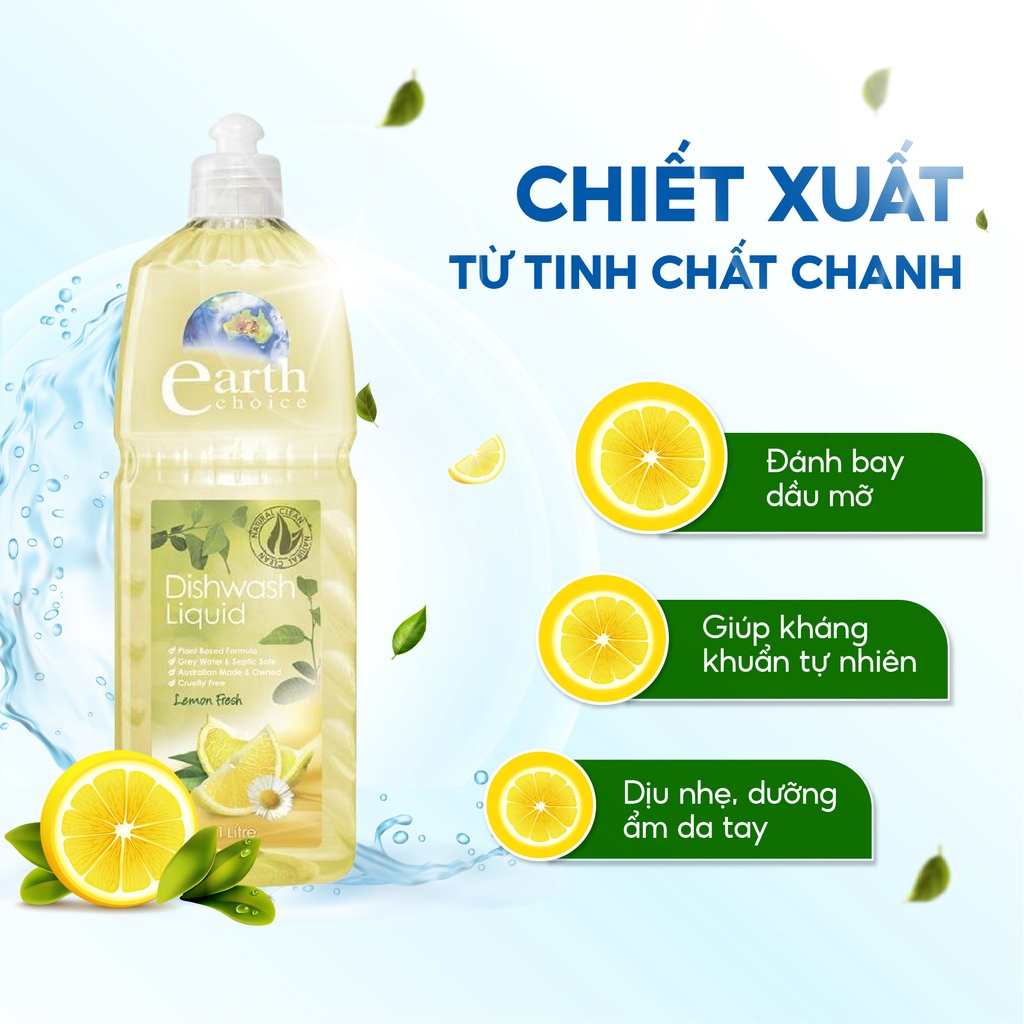 Nước Rửa Chén EARTH CHOICE An Toàn Cho Bé Không Khô Da Tay Chiết Xuất Chanh Dung Tích 1L