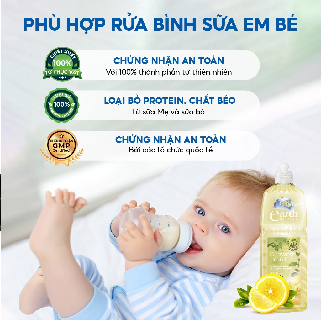 Nước Rửa Chén EARTH CHOICE An Toàn Cho Bé Không Khô Da Tay Chiết Xuất Chanh Dung Tích 1L