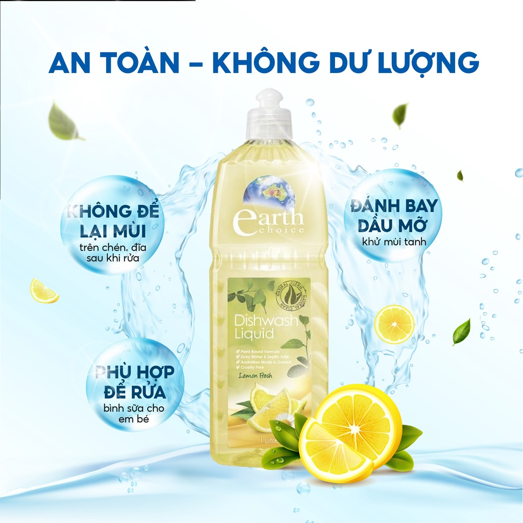 Nước Rửa Chén EARTH CHOICE An Toàn Cho Bé Không Khô Da Tay Chiết Xuất Chanh Dung Tích 1L