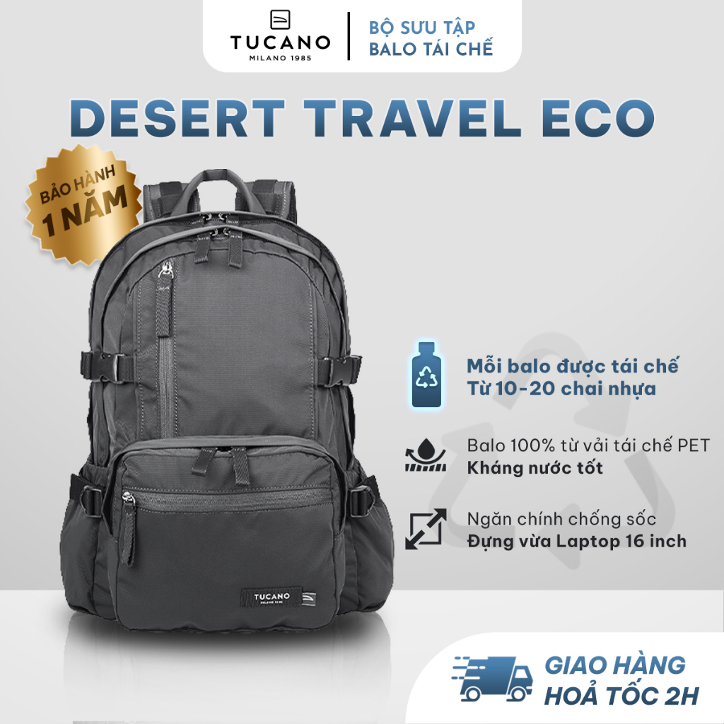 Balo Laptop Tái Chế TUCANO DESERT TRAVEL ECO 15.6 Inch - Chất Liệu Vải Bền Đẹp, Chống Sốc, Chống Thấm Nước Tốt