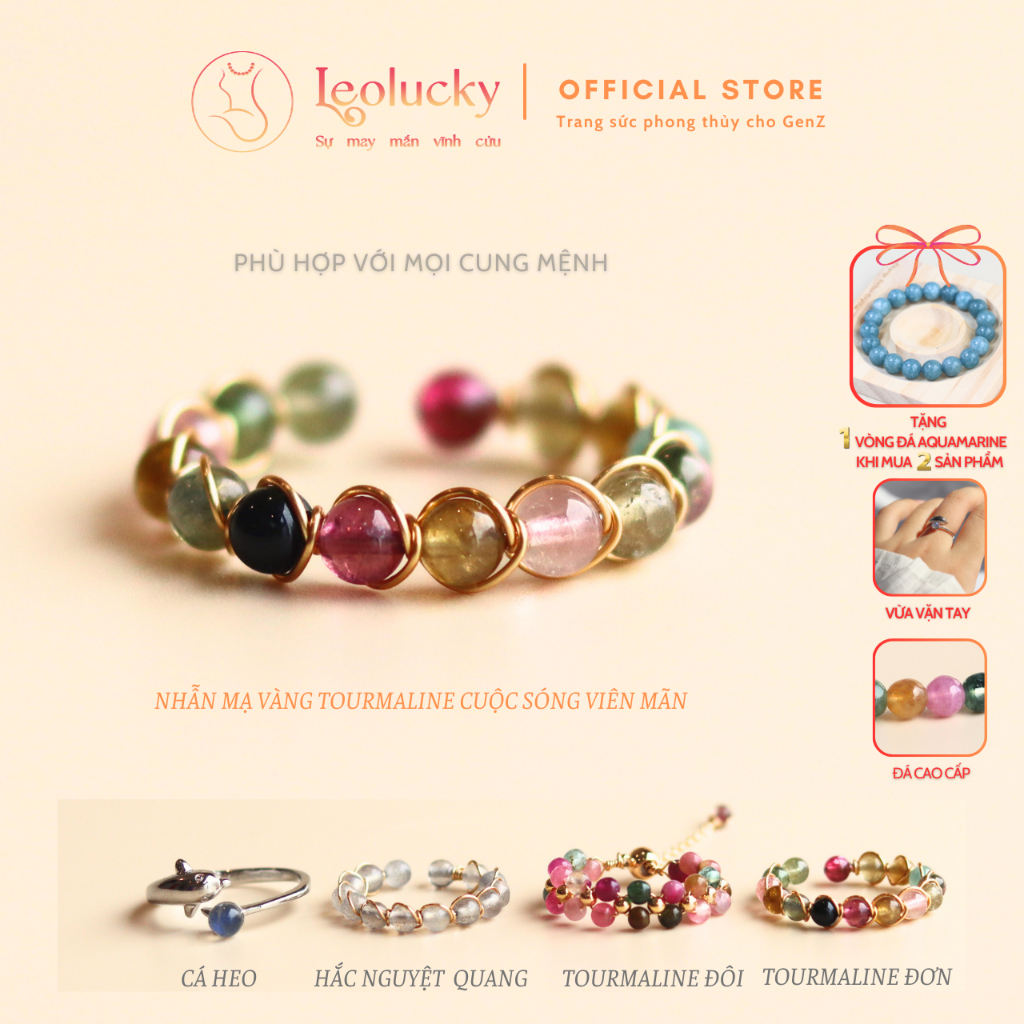 Nhẫn nữ Leolucky bạc s925 cá heo nhẫn handmade vàng 14k đính đá tourmaline mang lại may mắn