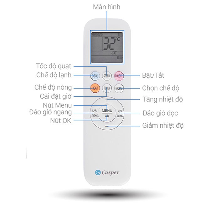 Remote điều khiển điều hòa 1 hay 2 chiều Casper kiểu mới nút xanh,tím,cam COOL tặng kèm pin