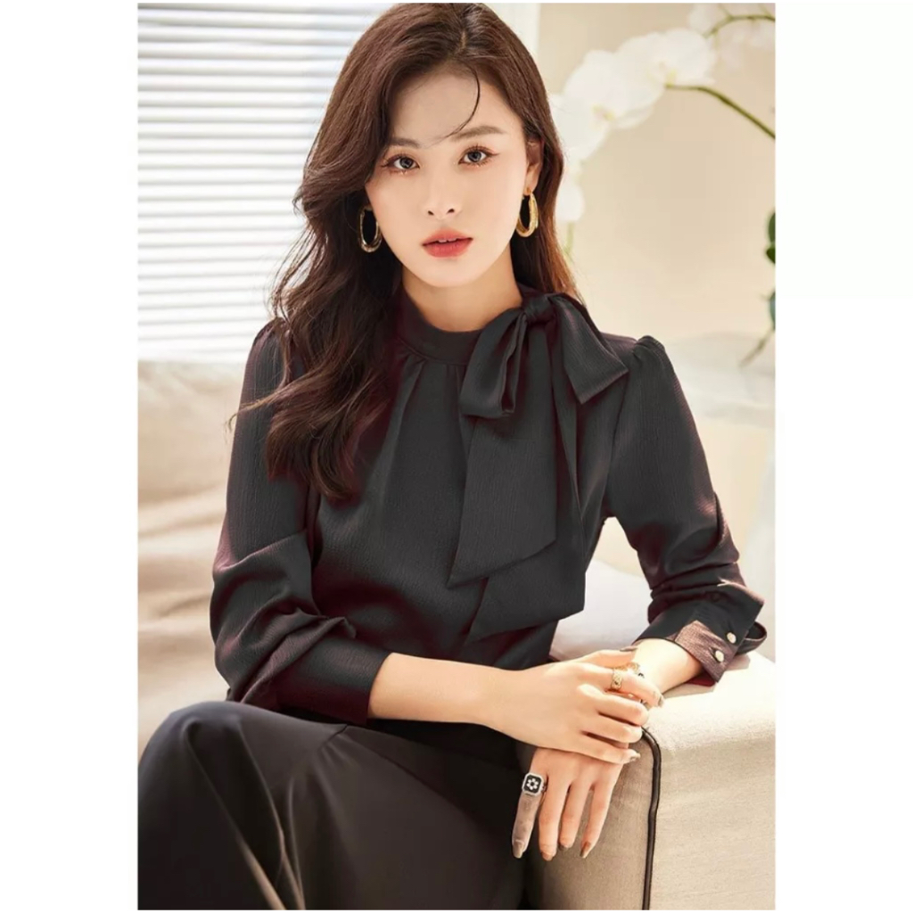 ￼Áo sơ mi lụa tay dài cổ tròn thắt nơ thời trang công sở thu đông A1