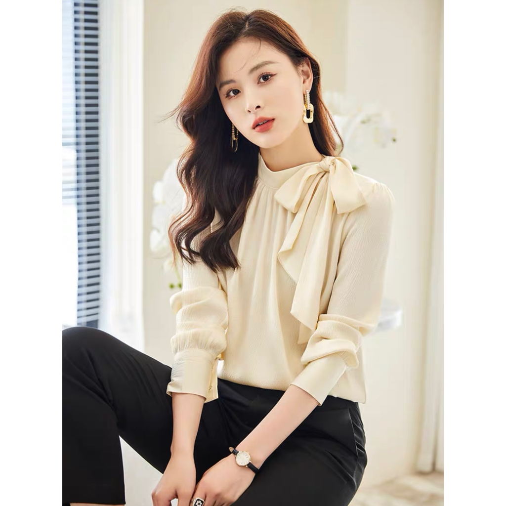 ￼Áo sơ mi lụa tay dài cổ tròn thắt nơ thời trang công sở thu đông A1