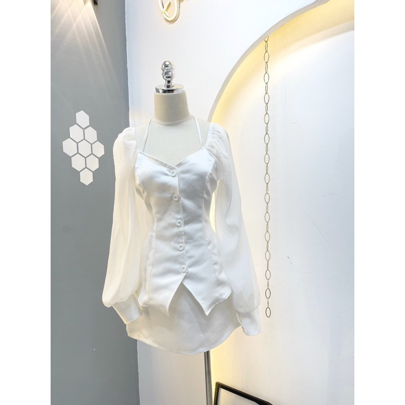 Set Áo Sơ Mi Tay Bồng Chân Váy Tapta, Áo Sơ Mi Nữ Kiểu Tiểu Thư Chân Váy Ngắn Thiết Kế