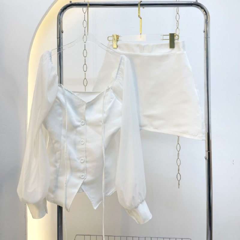 Set Áo Sơ Mi Tay Bồng Chân Váy Tapta, Áo Sơ Mi Nữ Kiểu Tiểu Thư Chân Váy Ngắn Thiết Kế