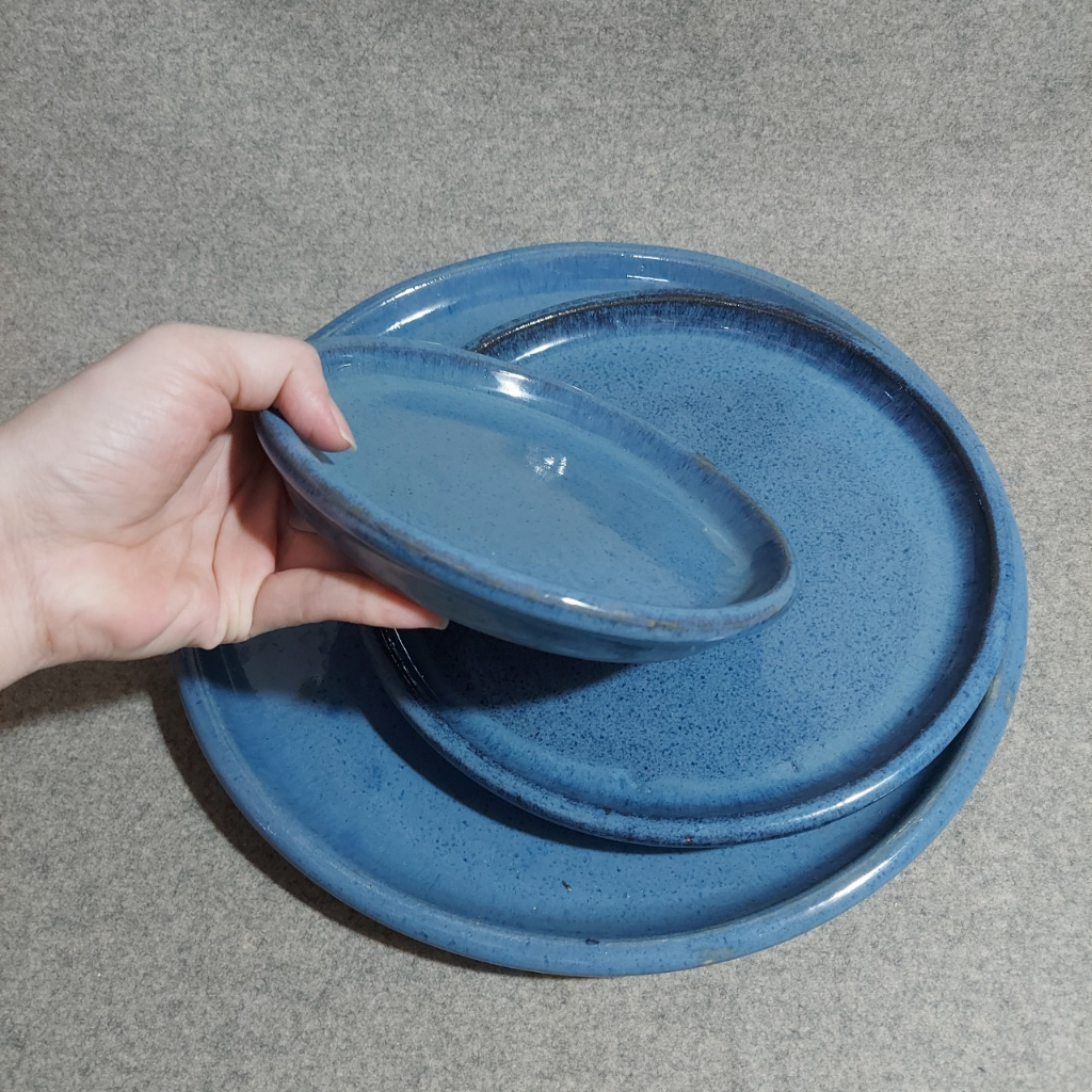 Đĩa lót chậu, đĩa men xanh dương Bông Garden House hàng xuất khẩu