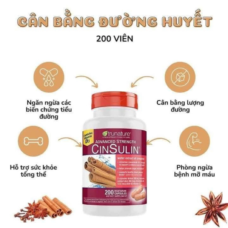 Viên uống hỗ trợ tiểu đường Truenature Advanced Strength Cinsulin 200 viên