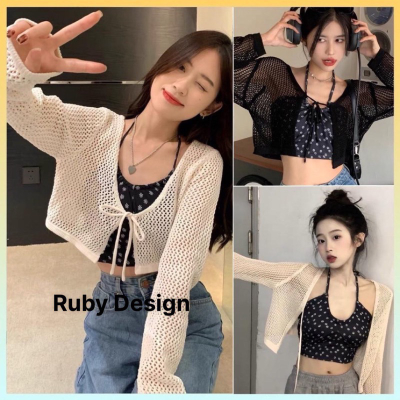 Áo khoác len , khoác cardigan mỏng croptop cột dây siêu xinh màu trắng đen be hồng phong cách HQ - Ruby Design KH132