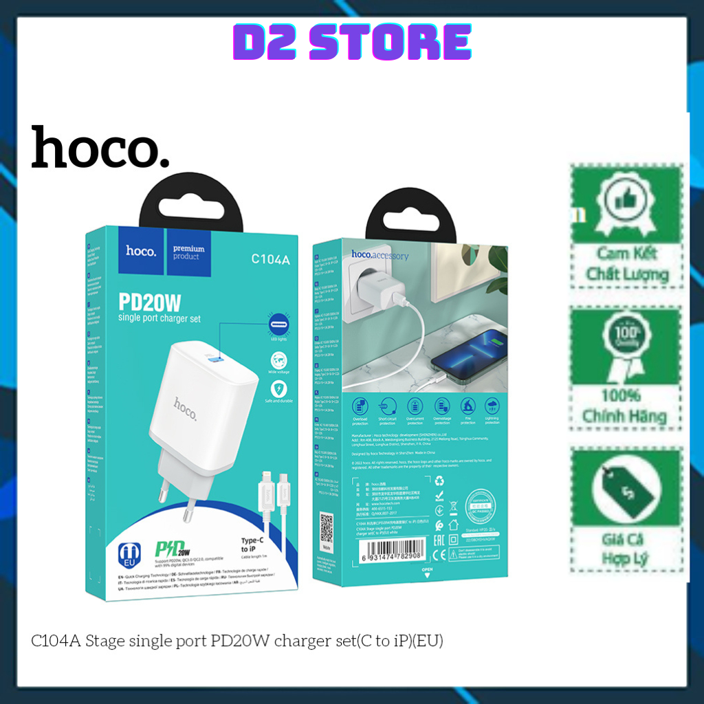 Bộ Sạc Nhanh Hoco-C104A /C80Plus, PD20W Sạc Nhanh Cho IP6G-14promax- D2 Store