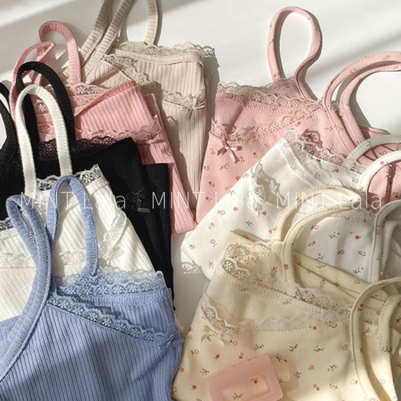 Áo 2 Dây Croptop Viền Ren Cổ V Hoa Nhí Xinh Xắn - CÓ SẴN