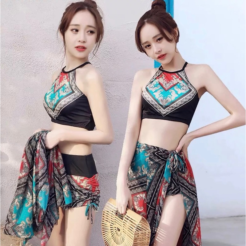 Sét đồ bơi nữ 2 mảnh kèm khăn cuốn áo yếm phối quần đùi thổ cẩm đi bơi biển đẹp áo tắm bikini SG