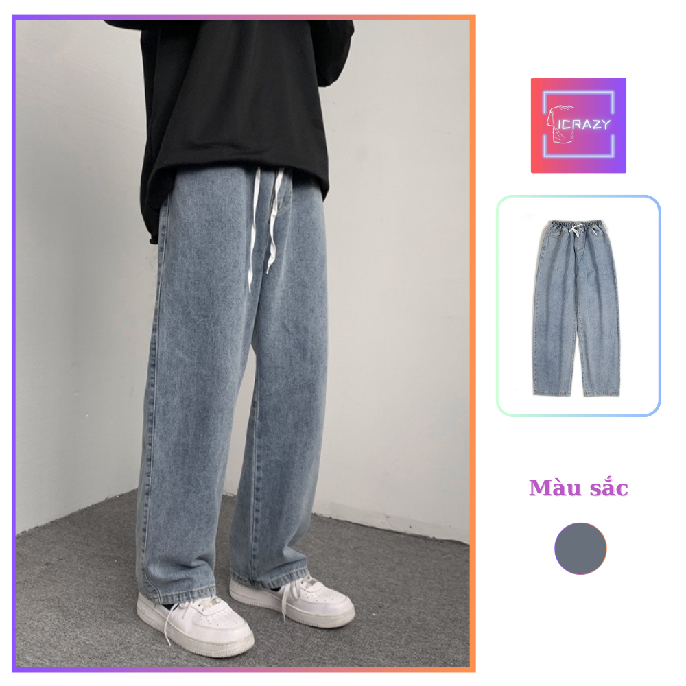 Quần jeans nam ống rộng ICRAZY cạp chun thoải mái, phong cách teen, màu xanh đậm, basic