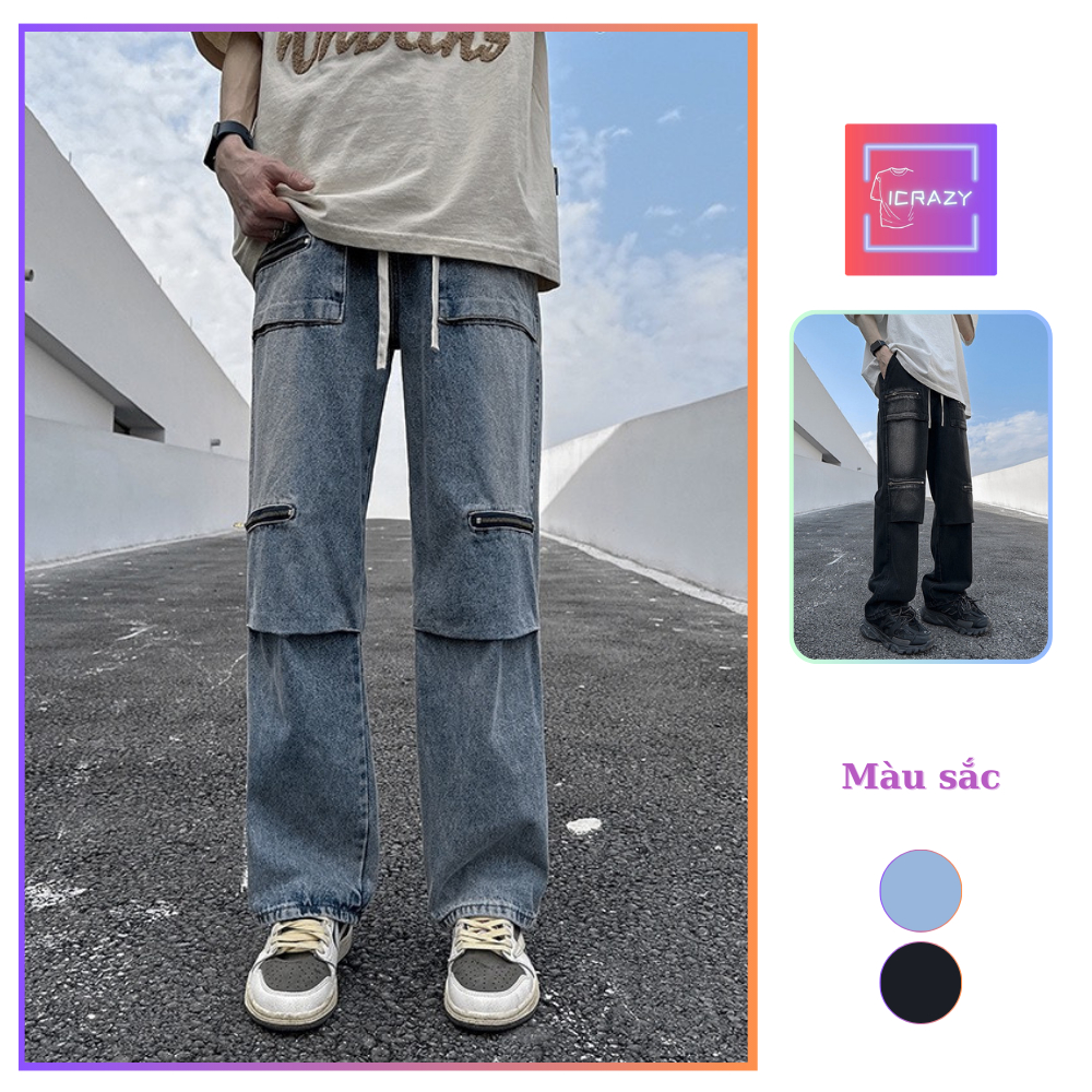 Quần jean nam dáng dài ICRAZY, ống rộng phối khoá zip hip hop cạp chun, phong cách teen Quanjeannamphoikhoa609 P10/K10