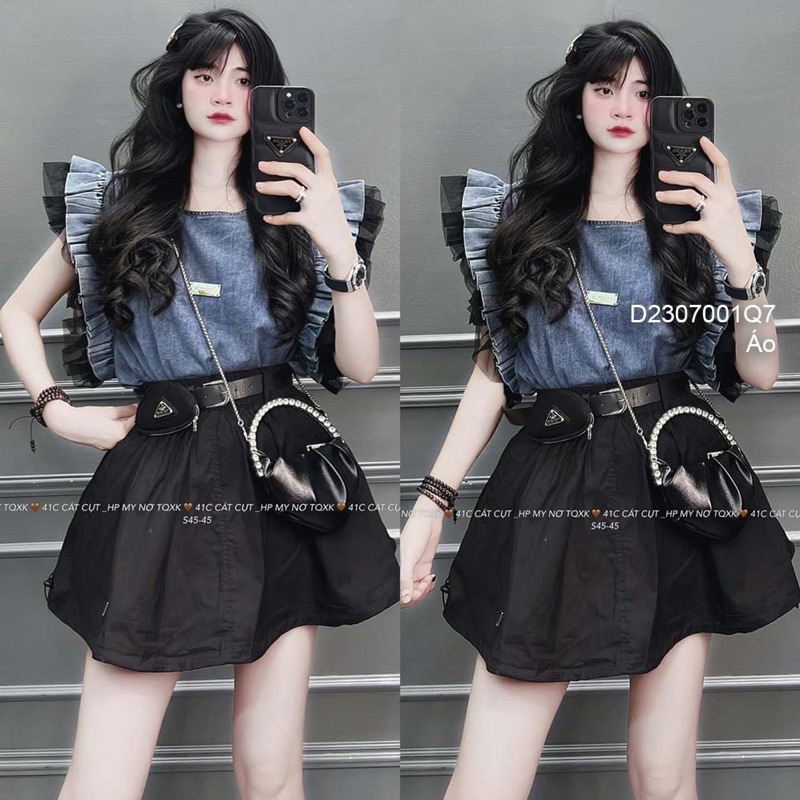 Áo jean croptop lai rút dây tay bèo 0723 thaotranshop90 [kèm theo hình thật trải sàn]