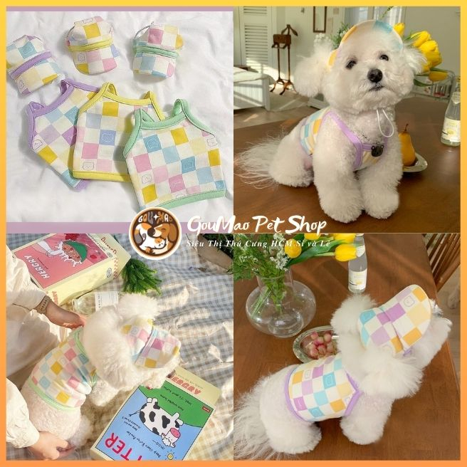 Áo ba lỗ ca rô + nón, áo hè cho chó mèo - Goumao pet - Hipidog