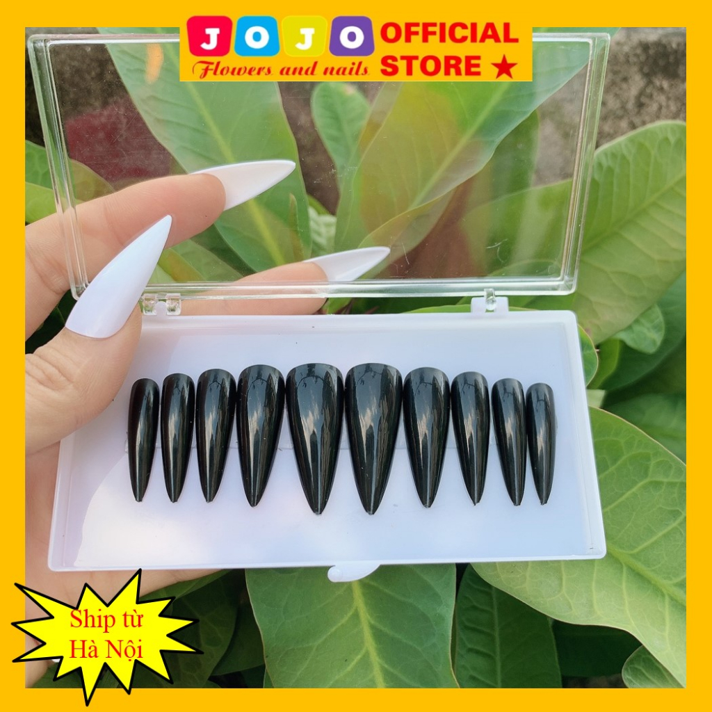 Bộ 24 móng tay giả form nhọn màu đen hottrend Jojo's móng giả nailbox rẻ đẹp kèm keo gắn tự làm tại nhà