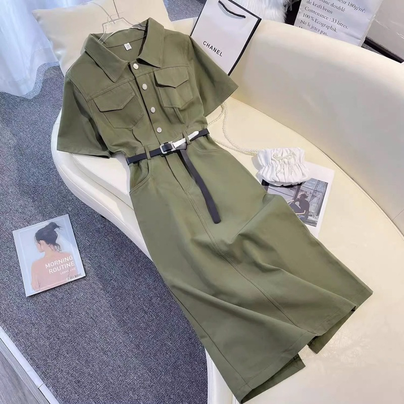 Váy polo sơ mi công sở dáng dài kèm đai xẻ mặt sau siêu xinh lịch sự sang trọng màu xanh