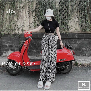 Set áo croptop tay ngắn trơn kèm quần dài lụa di sang chảnh