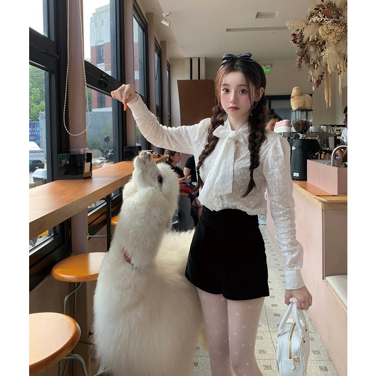 SET ÁO SƠ MI HOA NỔI THẮT NƠ REN + QUẦN SHORT ĐEN (TH)
