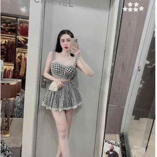 Sét bộ caro áo 2 dây viền ngực ren croptop phối chân váy xòe ngắn viền ren cực hot , chất kate dày dặn