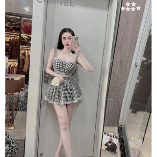 Sét bộ áo 2 dây croptop viền ren phối chân váy xòe dáy ren cực sexy , chất kate mềm mát