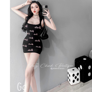 Đầm 2 dây 3 lỗ in chữ Babie toàn đầm ôm body dáng ngắn hot hit , chất thun gân dày dặn mềm mát