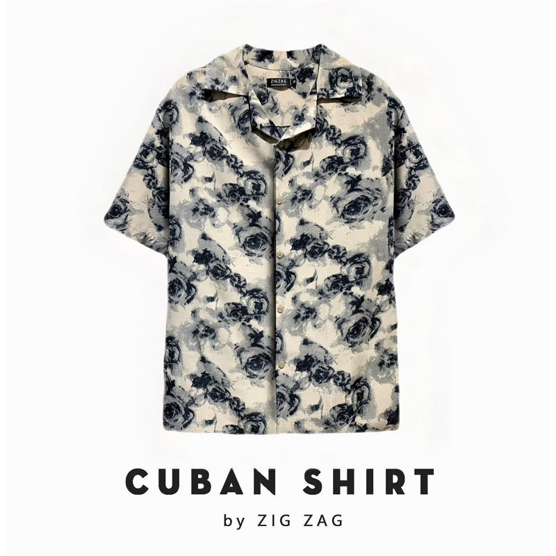 Áo sơ mi nam Cuban Shirt by ZIG ZAG, vải lụa thoáng mát, không nhăn, form regular | Sơ mi họa tiết Hoa Hồng Begie