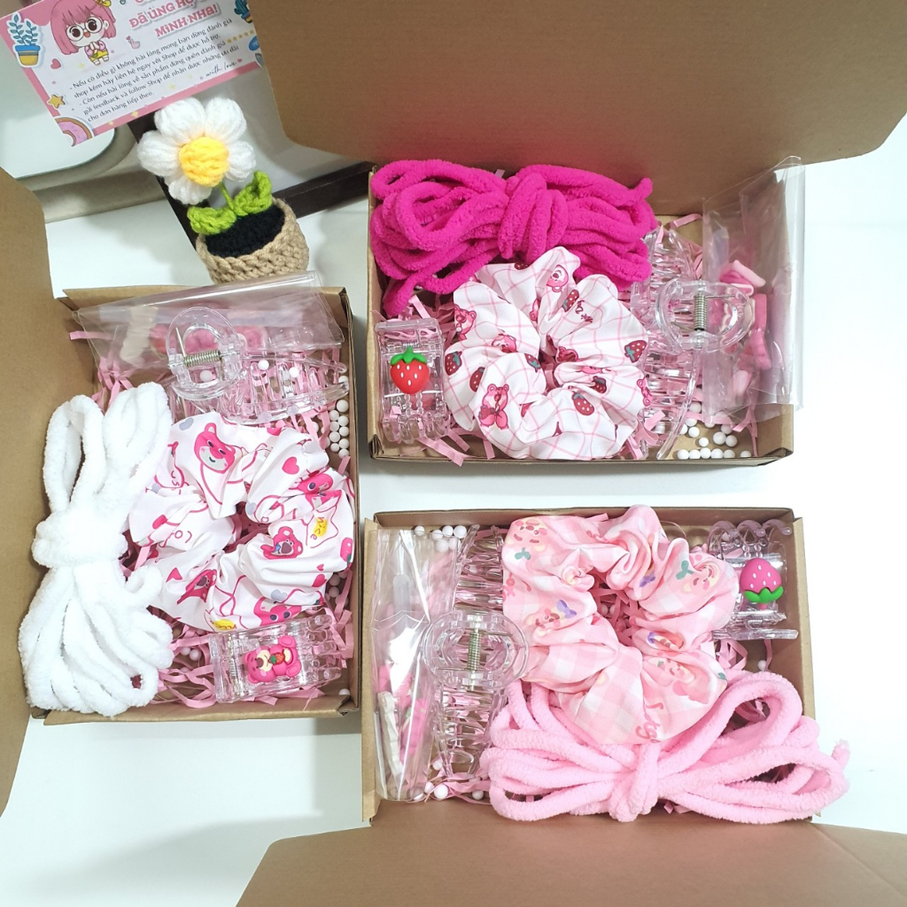 COMBO DIY (Set quà tặng 49k) gấu dâu lotso - kẹp tóc cuốn sợi len siêu xinh TK0020