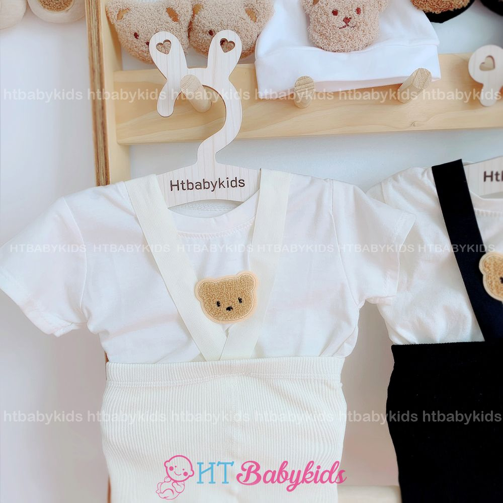 Set Quần Yếm Đùi Chất Thun Gân, Áo Gấu, Nón, Tất Đáng Yêu Cho Bé