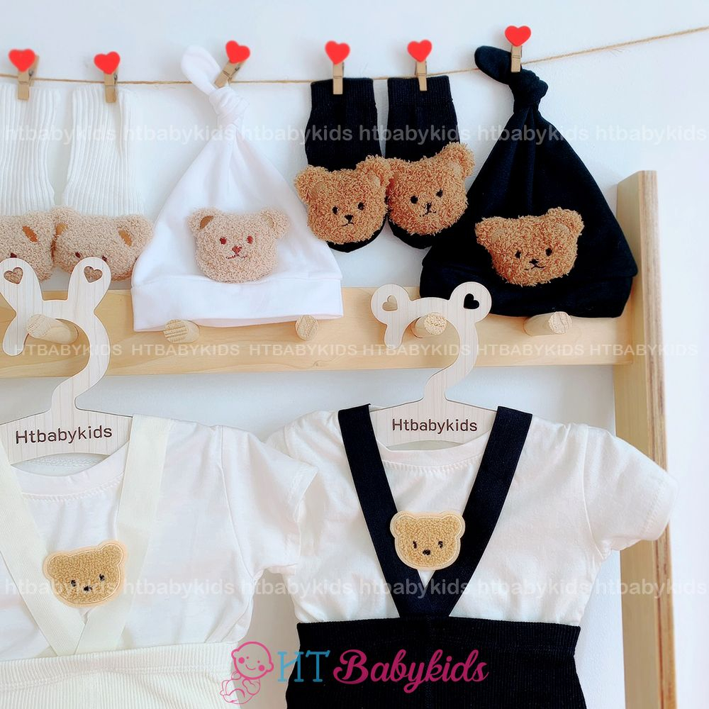 Set Quần Yếm Đùi Chất Thun Gân, Áo Gấu, Nón, Tất Đáng Yêu Cho Bé