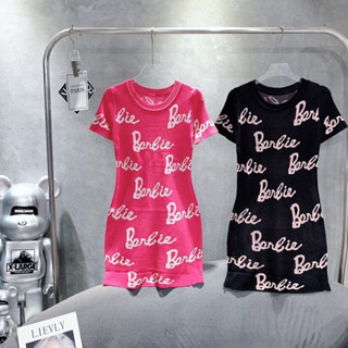 Gaeul store- Váy đầm len body nữ cổ tròn tay cộc in chữ BARBIE chất len dệt kim 
