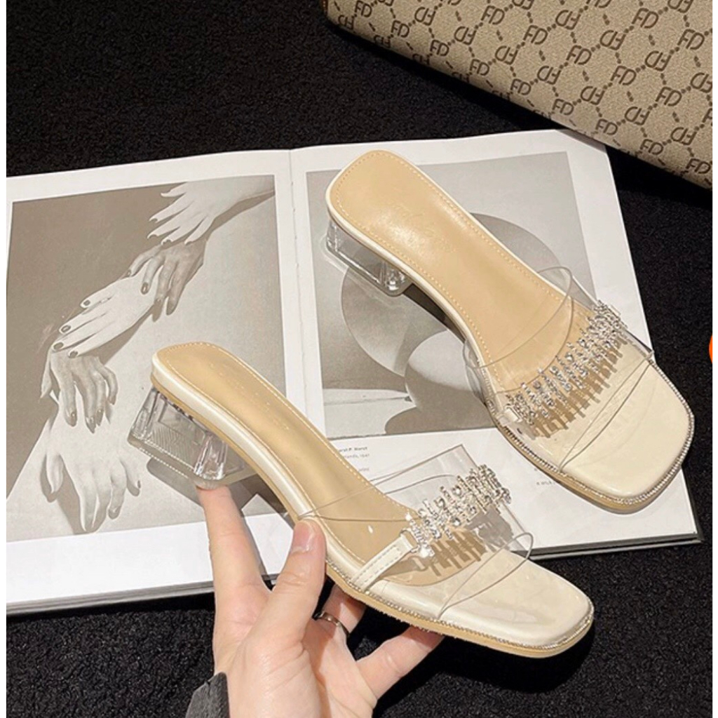 Sandal đế trong, dép sandal cao gót quai trong, đính hạt đá sang chảnh quý phái hàng cao cấp