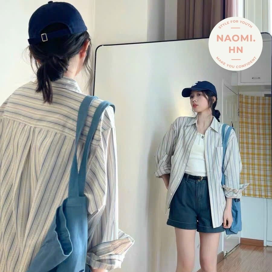 Áo Sơ mi nữ form rộng kẻ sọc xanh to sáng trẻ trung năng động. Sơ mi nữ kẻ dài tay dáng rộng.