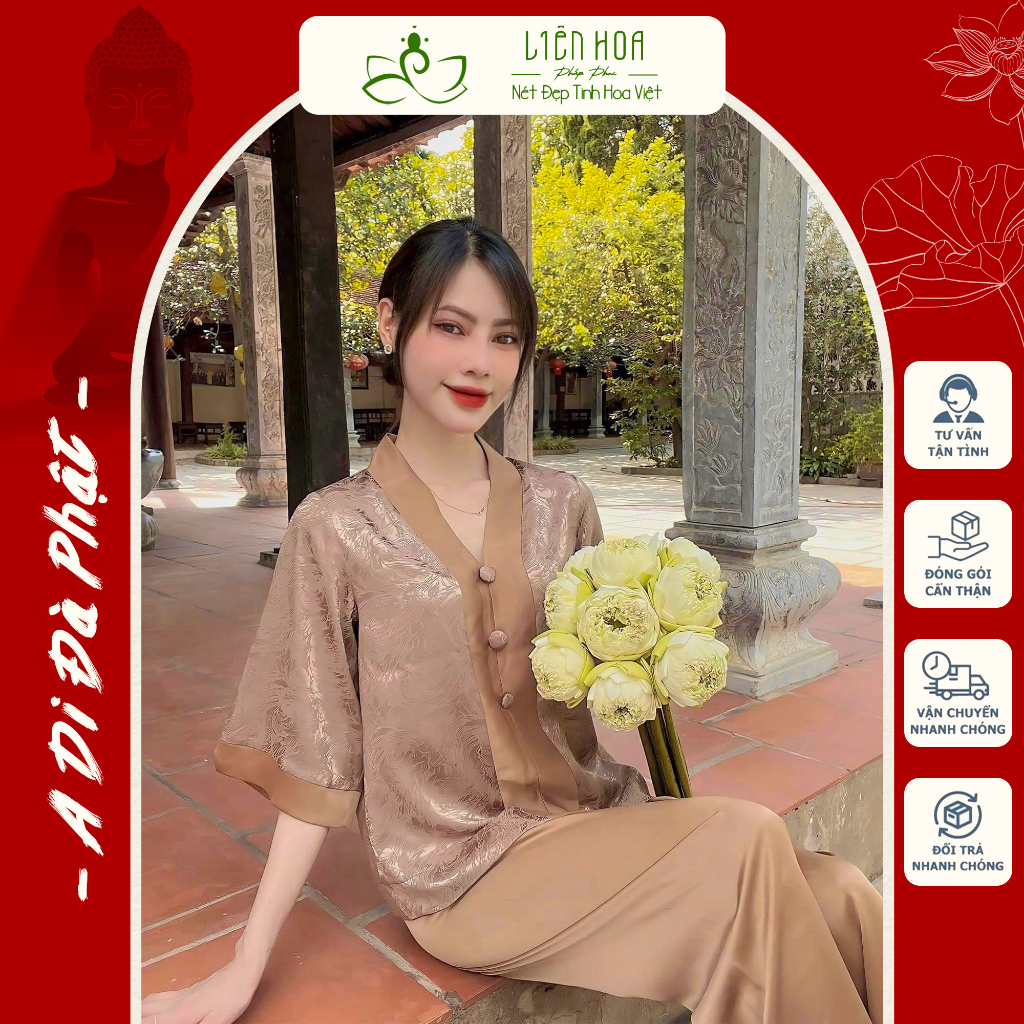Đồ Lam Bộ Đi Lễ Chùa Nữ , Set Pháp Phục Đi Lễ Chùa - Vân Gỗ Cúc Bọc Hàng Thiết Kế Cao Cấp - Đồ Lam Đi Chùa