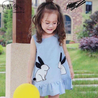 Váy cotton thỏ 2 màu xanh hồng mềm mát cho bé gái mặc nhà