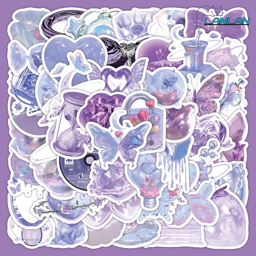 Set 50 chiếc sticker chống nước TÍM PASTEL ÁNH BẠC AESTHETIC LIFESTYLE dán mũ bảo hiểm vali laptop xe máy đàn bình nước