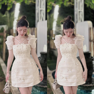 Váy ren dáng chữ a nơ cổ, đầm vai bồng