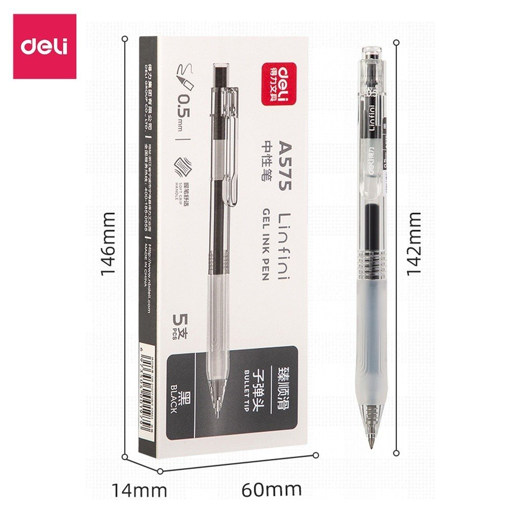 Combo 5 Bút gel Deli A575 ngòi 0.5mm, Ruột thay thế