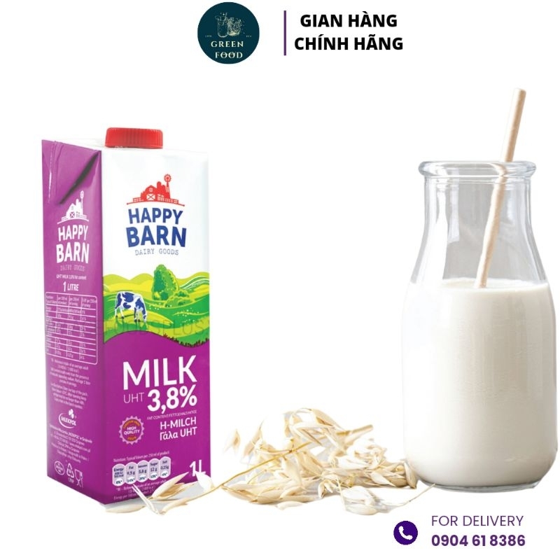 Sữa tươi Happy Barn Date 28.4.2024 nguyên kem không đường hộp 1 lít độ béo cao 3.8% nhập khẩu BaLan
