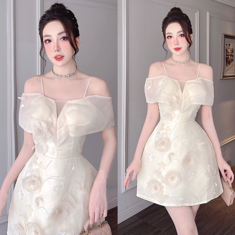 Váy trễ vai đính cườm hoa thủ công dự tiệc, đầm tiệc cưới cô dâu