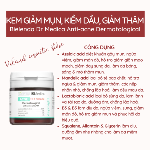 Kem dưỡng Bielenda Dr Medica Anti-acne giảm mụn, mờ thâm, kiềm dầu nhờn hỗ trợ phòng mụn 50ML