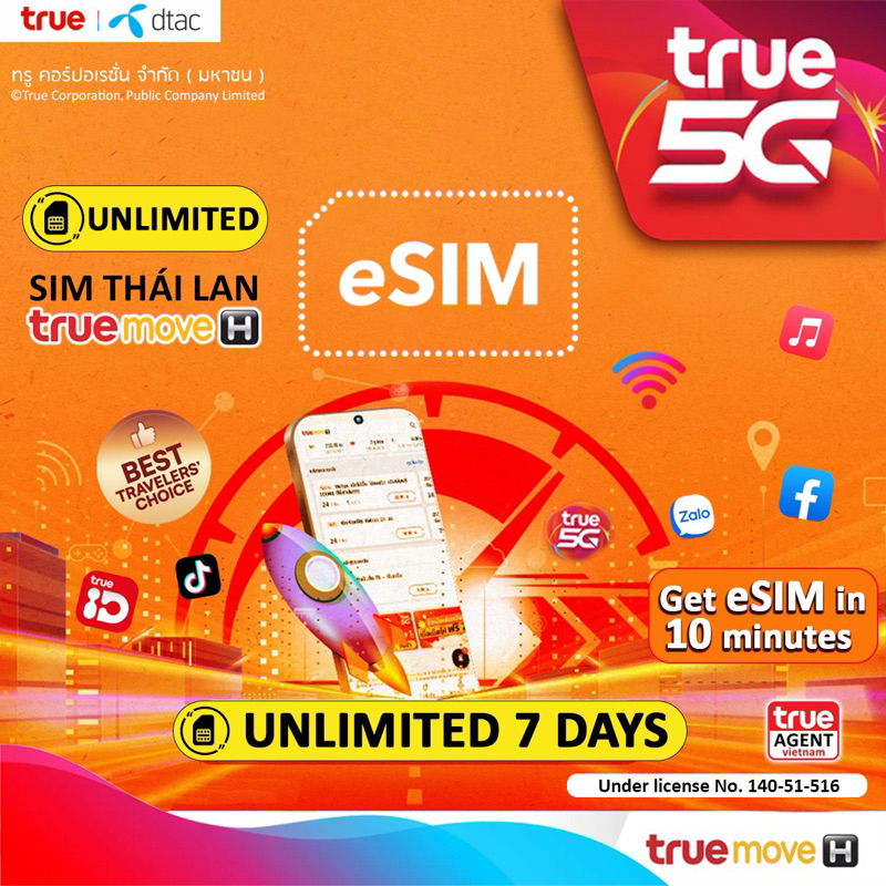 ESIM Thái Lan 🇹🇭 30GB 4G/5G, FREE 1.000 phút nghe gọi, FREE TRUE-WIFI