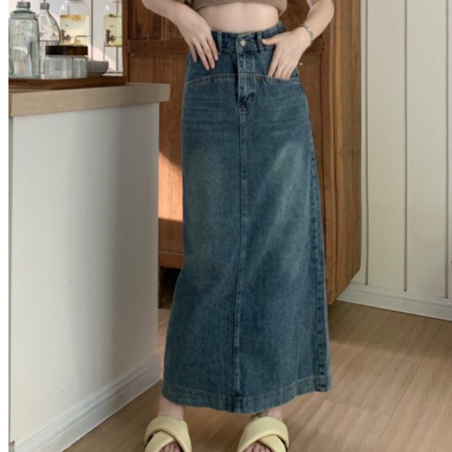 Chân váy jean dài midi phong cách, chân váy dài cạp cao tôn dáng C32