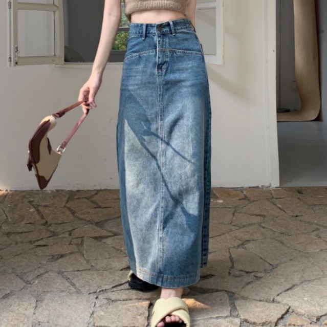 Chân váy jean dài midi phong cách, chân váy dài cạp cao tôn dáng C32
