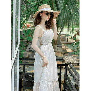 Đầm trắng 2 dây thời trang nữ mặc đi chơi cột nơ sau hở lưng có mút ngực dáng váy dài xoè chất vải voan chiffon 2 lớp,