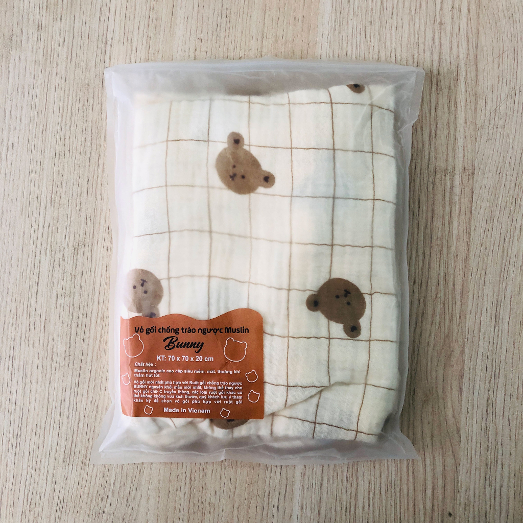 Vỏ gối chống trào ngược KidAndMom Bunny vải xô Muslin kích thước 70x70x20cm